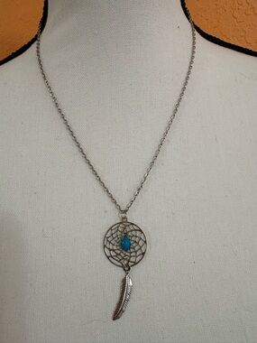 Silver Dreamcatcher Necklace with Blue Accent Stone
